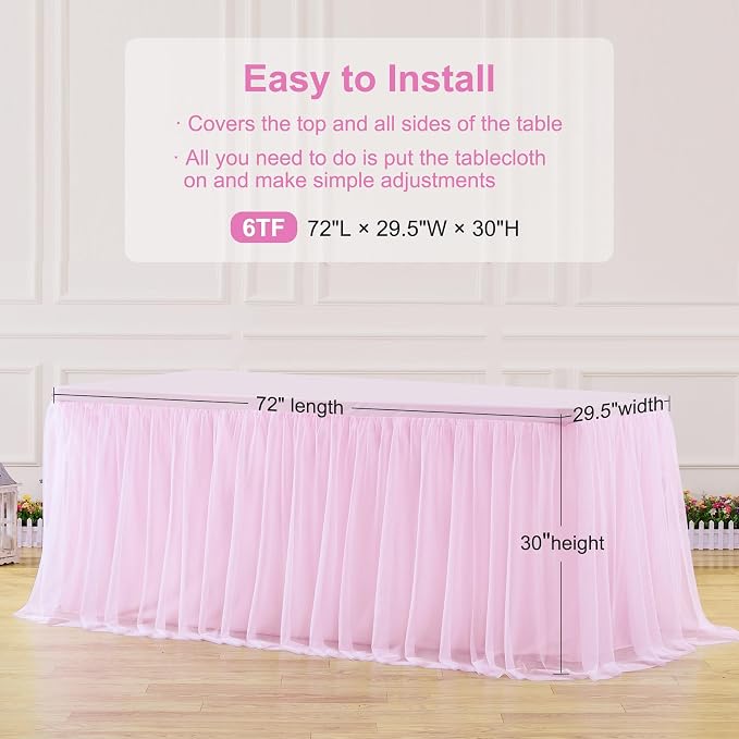 Pink Tablecloth for 6 Foot Rectangle Table, Pink Tulle Table Skirt Cover 6ft Wedding Table Cloths Baby Shower Tutu Ruffle Desk Skirt Bridal Shower Banquet Tulle Table Cloth for Party Decoration