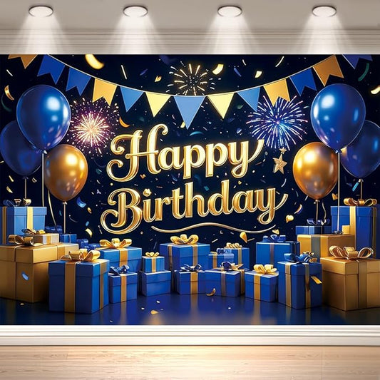 8x6 FT Blue and Gold Happy Birthday Backdrop Banner Blue Gold Gift Boxes Photography Background for Men & Women Birthday Party Decorations for Photo Booth