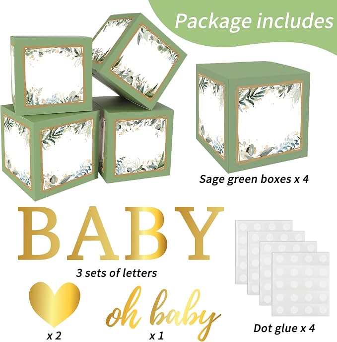 RUBFAC Baby Shower Boxes with Letters, 4pcs Sage Green Baby Shower Decorations for Boy Girl Balloon Boxes Gender Reveal Birthday Party Favors