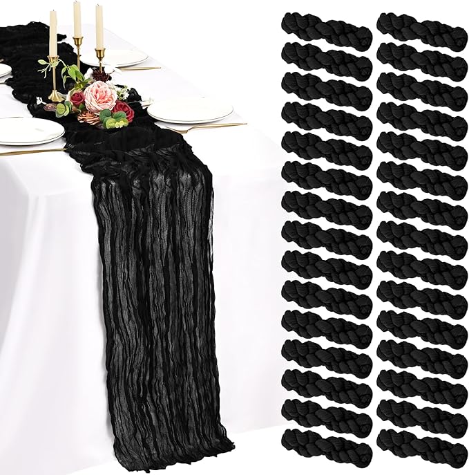 30 Pack Cheesecloth Table Runner 10FT Black Table Runner Boho Gauze Cheese Cloth Table Runners Long Rustic Sheer Table Decorations for Wedding Party Baby Bridal Shower Birthday Holiday Home