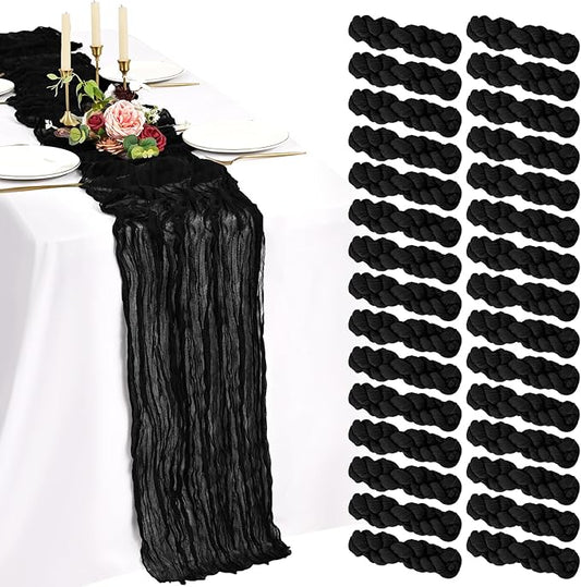 30 Pack Cheesecloth Table Runner 10FT Black Table Runner Boho Gauze Cheese Cloth Table Runners Long Rustic Sheer Table Decorations for Wedding Party Baby Bridal Shower Birthday Holiday Home