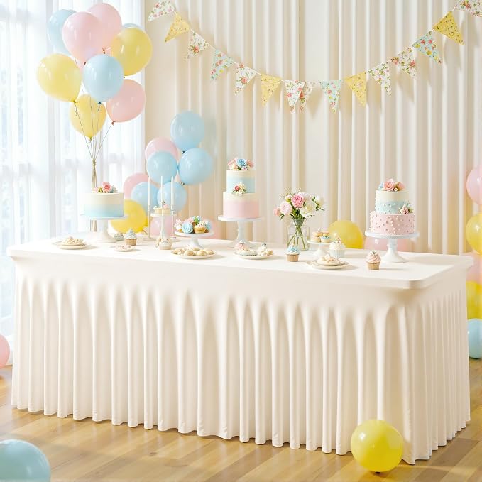 gogoparti 8 Pack Spandex Ivory Fitted Table Cloth for 6ft Rectangle Tables Ivory Stretch Tablecloth Banquet Table Covers Skirt Wrinkle Free Tablecloths for Parties Wedding