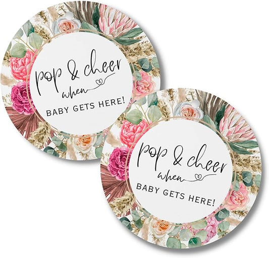 Pop & Cheer When Baby Gets Here Floral Hang Tags | 30 Pk 2.5” Circles Modern Simple Flowers Pop It She Pops Labels for Mini Wine Champagne Bottles