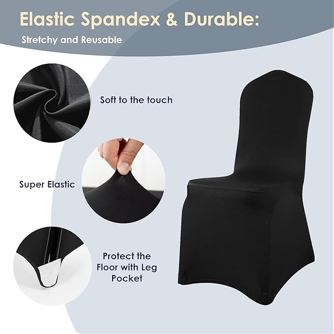 Craft And Party 100 Pack Black Spandex Chair Covers – Stretch Polyester Slipcovers for Wedding, Banquet, Party & Dining Chairs – Flat Front Design, Universal Fit
