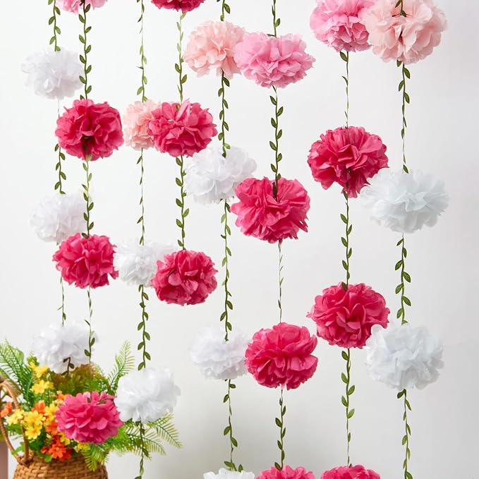Gradient Pink Tissue Paper Pom Pom Garlands, Paper Flowers for Birthday Decorations, Baby Shower, Wedding Engagement, Bridal Shower, Spring Summer Party Decorations, 2 Pcs