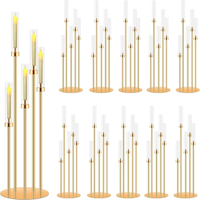 10 Sets 5 Arms Acrylic Candelabra for Tables,42'' Tall Candlesticks Holder with Lampshade,Wedding Centerpieces,Gold Candle Holders for Wedding,Home Decoration Housewarming Gift,Fit LED Candles