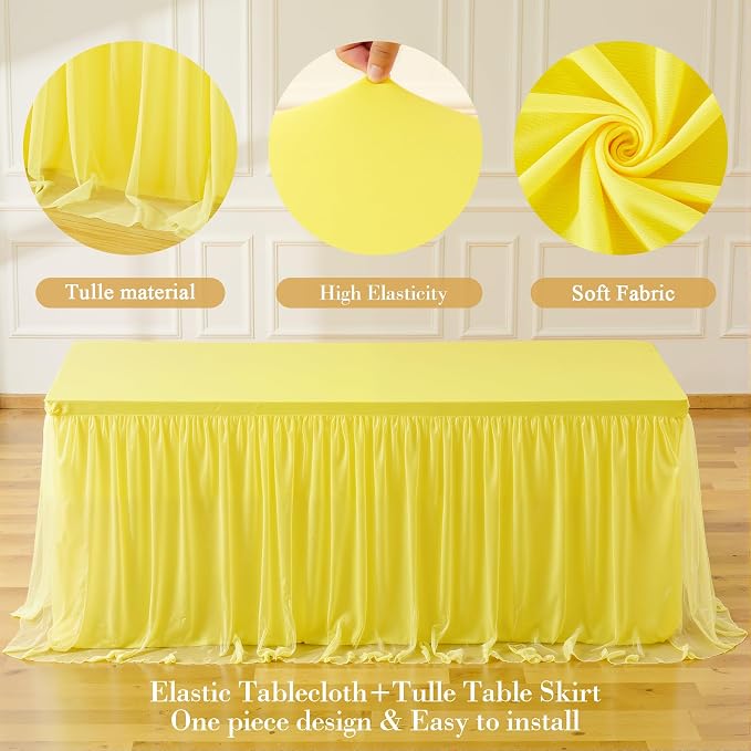 2 Pack Yellow Tulle Tablecloth for 8 Foot Rectangular Tables 8ft Yellow Rectangle Table Cloths Wrinkle Free Table Cover with Tutu Skirt for Birthday Cocktail Banquet Buffet Lemon Fruit Party Decor