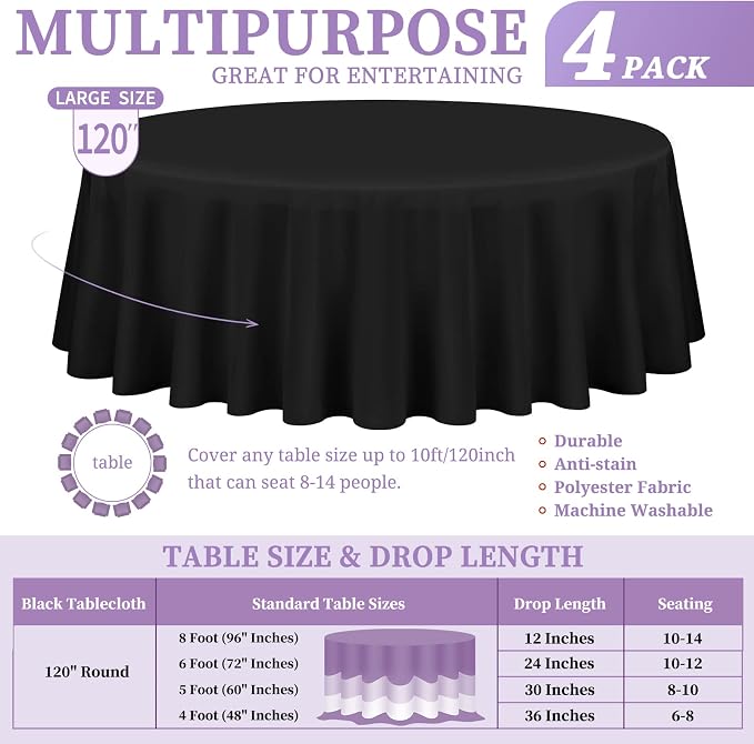 Showgeous 4 Pack Black Round Tablecloth 120 Inch Polyester Table Cloth for Tables - Washable Decorative Fabric Covers for Wedding, Dining, Party, Banquet, Buffet