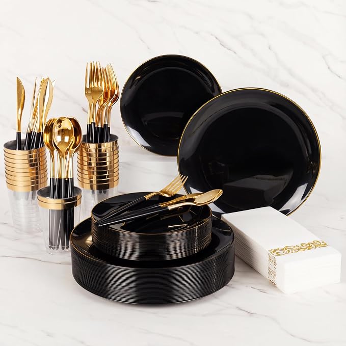 Supernal 350PCS Black and Gold Plastic Dinnerware Set (Serves 50 Guests) - Extra Heavyweight Black Plates with Premium White Handle Gold Utensils, Cups, Napkins for Graduation, Wedding Party