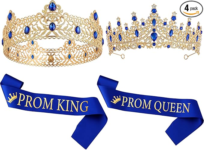 Retrowavy 4 Pcs Prom King and Queen Crown Set with Sashes Prom King Queen Sash and Tiara Set for 2026 Grad Birthday Carnival Wedding Costume Accessories(RoyalBlue)
