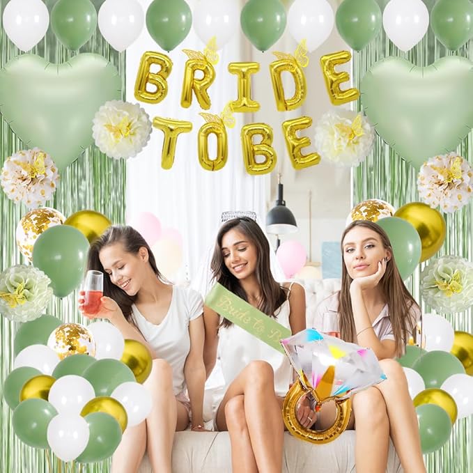Bridal Shower Decorations,Bachelorette Party Decorations,Bride to Be Bridal Shower with Balloons,Bridal Veil Sash Fringe Curtain for Bachelorette Party favors (Green)