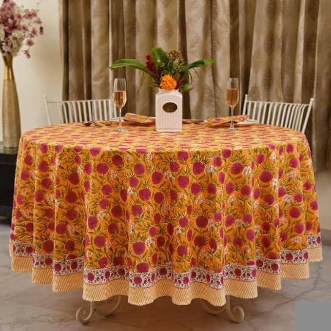 Ridhi Round Tablecloth Hand Block Print 100% Cotton Reusable Bubblegum Pink 132 Inch Table Cover Decorative Everyday Use for Dining, Home, Party, Wedding, Farmhouse Gift for Spring, Mother's Day