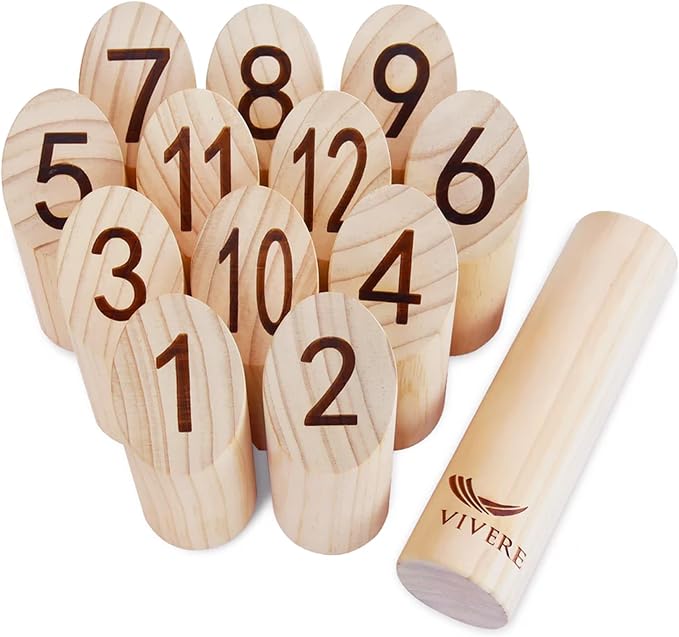 Vivere Viking Throw Tournament Edition, Outdoor Bowling Game Set for Kids & Adults with 12 Pins, Baton & Carry Bag for Backyard, Beach & Lawn Play