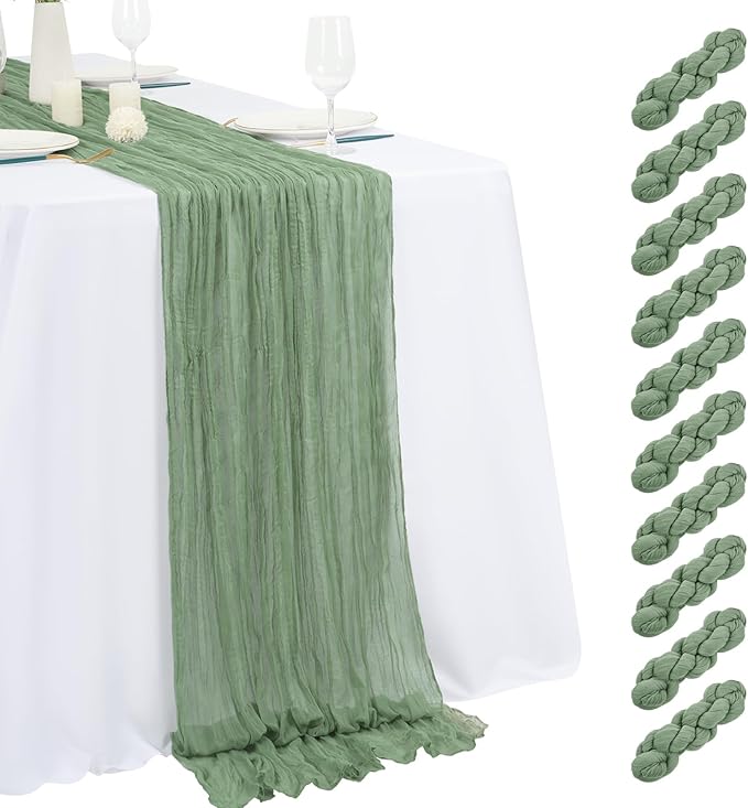 10 Pack Sage Green Cheesecloth Table Runner 17x108 Inch Semi Sheer Boho Gauze Cheese Cloth Table Runners, for Wedding Bridal Shower Birthday Party Home Decor Garden Farmhouse