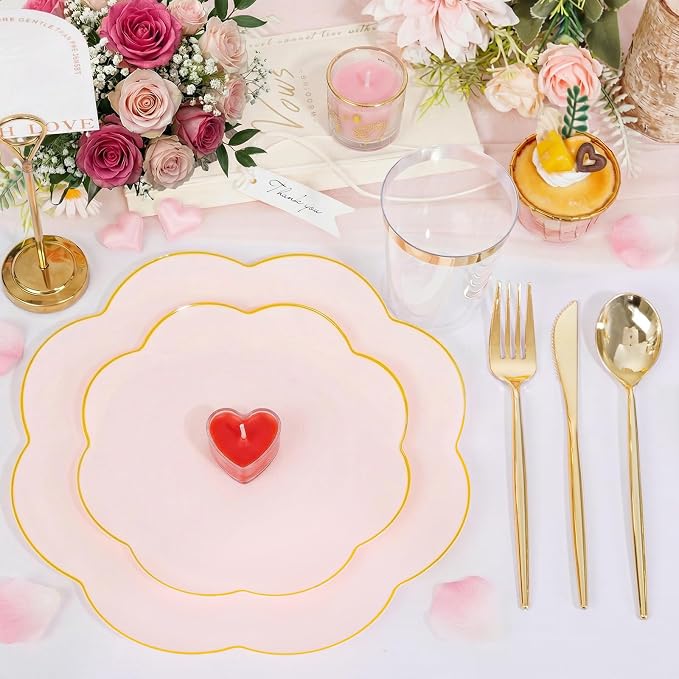 ejonirinjonir EI 180pcs Pink Plastic Plates with Gold Plastic Silverware,Party Plates Disposable,Pink Dinnerware Set for Afternoon Tea,Wedding,Birthday,Easter,Spring,Mother's Day,Valentine's Day