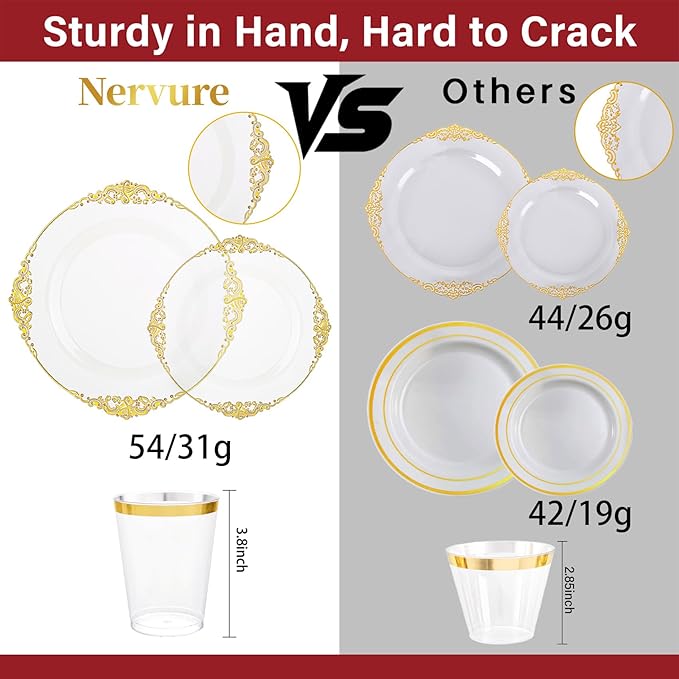 Nervure 175PCS Clear Gold Plastic Plates - Gold Disposable Dinnerware Set for 25 Guests Include 50 Disposable Plates, 75 Plastic Silverware, 25 Cups, 25 Napkins for Wedding & Party