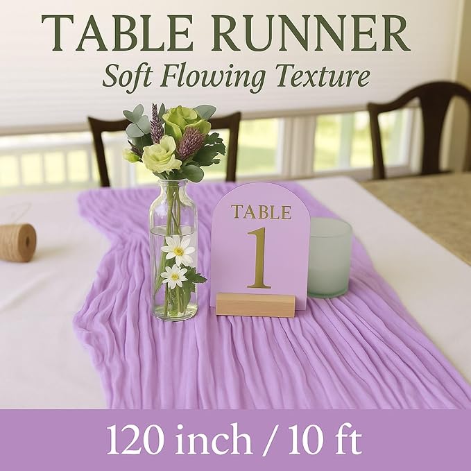 6 Pack Lilac 10FT Purple Cheesecloth Table Runner –120 Inch Boho Gauze Table Runners for Spring Wedding, Birthday, Fairy Garden Bridal Shower Decor