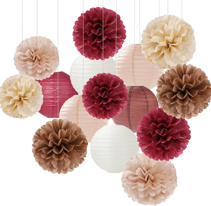 Burgundy-Brown Champagne Party-Decorations Paper-Flowers Lanterns - 15PCS Fall Boho Tissue Pom Poms Streamers,Autumn Rustic Baby Shower Neutral Wedding Birthday Decor Hugfond