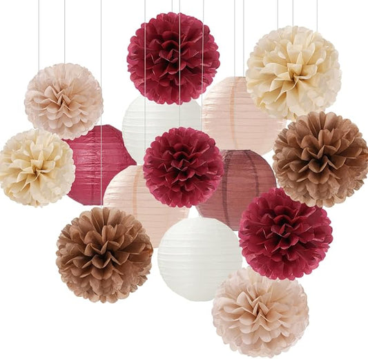 Burgundy-Brown Champagne Party-Decorations Paper-Flowers Lanterns - 15PCS Fall Boho Tissue Pom Poms Streamers,Autumn Rustic Baby Shower Neutral Wedding Birthday Decor Hugfond