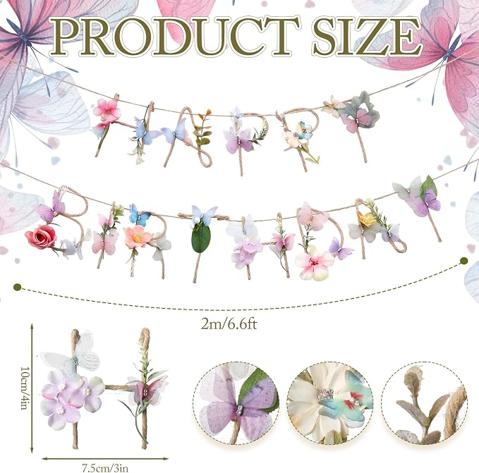 Norme 2 Pcs Butterfly Birthday Banner Decorations for Women Metal 3D Butterfly Wildflower Happy Birthday Garland Garden Spring Tea Fairy First Party Decorations for Sweet 16 21st 13th 18th 30th 40th
