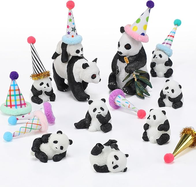 Colingmill 18 Pcs Panda Cake Toppers Birthday Party Decorations Mini Birthday Hat Animal Figure Model Cake Toppers with Mini Hat for Animals Themed Party