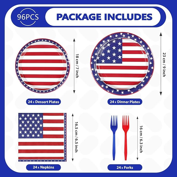 96Pcs 4th of July Patriotic Party Supplies Patriotic Paper Plates and Napkins US American Flag Disposable Tableware for 4th of July 250th Anniversary Memorial Day Party Decorations Serve 24