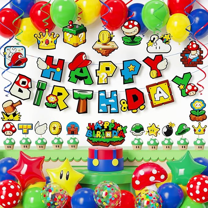 Game Bro Theme Birthday Party Decorations Set, Banner, Balloons, Hanging Swirls, Cake Toppers Colorful Graphics for Gaming Fans Game Theme Birthdays and Adventures