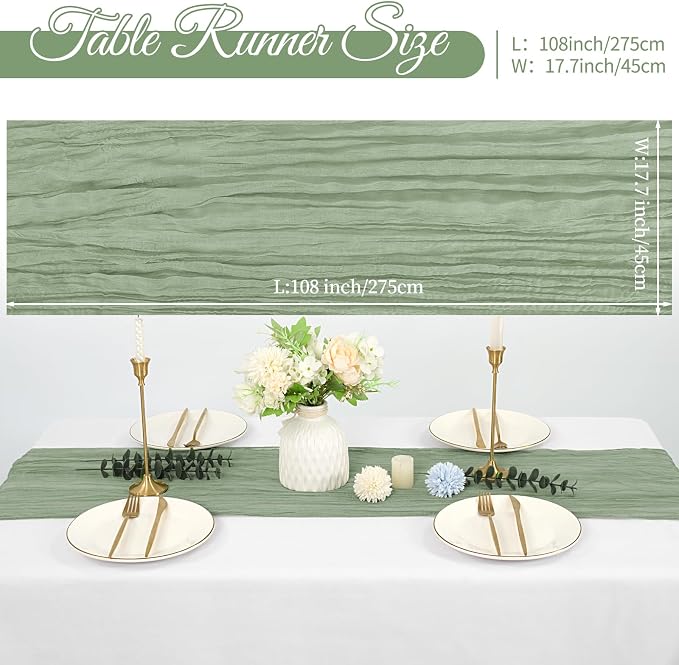 10 Pack Cheesecloth Table Runner 17 x 108 inch Long Boho Gauze Table Runners Semi Sheer Table Runner for Wedding Decor, Baby Shower, Birthday Party, Banquet (Sage Green)