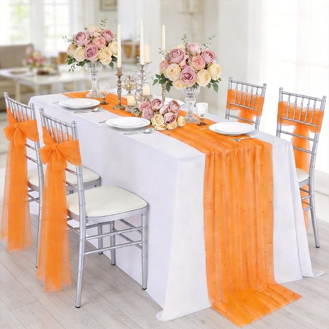 Gauze Pearl Table Runner Tulle Fabric: 10ft Seasonal Dessert Chiffon Pearl Lace Boho Overlay Wedding Veil Outdoor Wedding Aisle Runner Halloween Fall Party Decorations Doilies,Orange