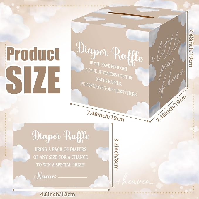 Teling 51 Pieces Diaper Raffle Tickets with Card Box Baby Shower Decorations Gender Reveal Holder Box for Girl Boy Diaper Raffle Party(Cloud 9 Style)