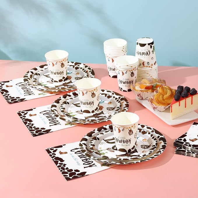 168 Pcs Cowboy Baby Shower Decorations, A Little Cowboy is on the Way Boy,Baby Boy Shower Plates and Napkins Sets Serves 24, Western Baby Shower Decorations, Its A Boy, Brown