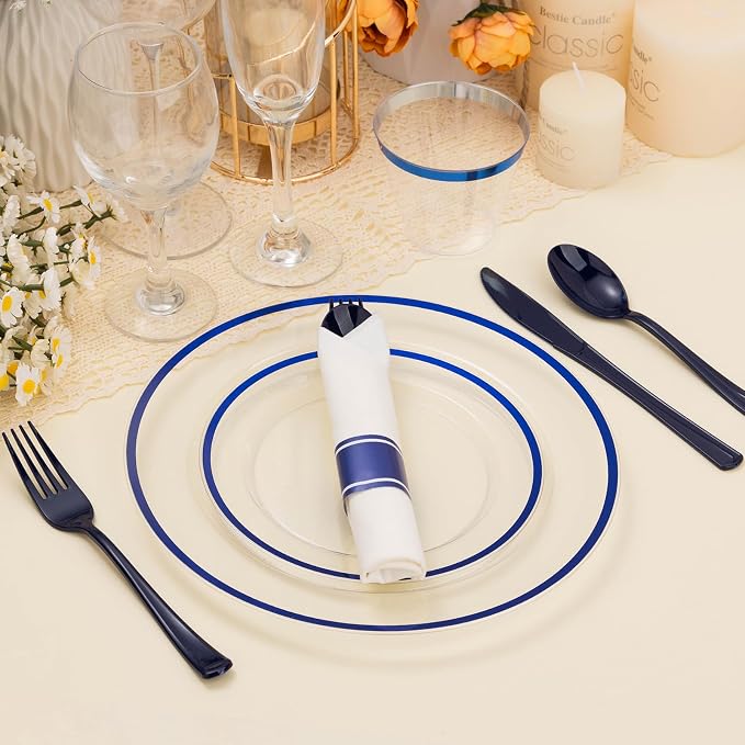 BESTSTAR 350PCS 4th of July Clear and Blue Disposable Plates Set for 50 Guests, 100 Plastic Plates, 50 Cups, 50 Pre-Rolled Napkins with Plastic Cutlery for 4th of July, Graduation Party, Birthday