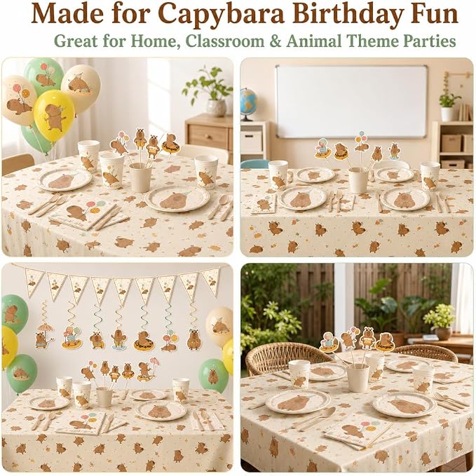 120 PCS Capybara Birthday Party Supplies for 10 Guests, Cute Animal Theme Decorations and Tableware Set with Banner, Balloons, Plates, Cups, Napkins, Cutlery, Tablecloth, and Toppers