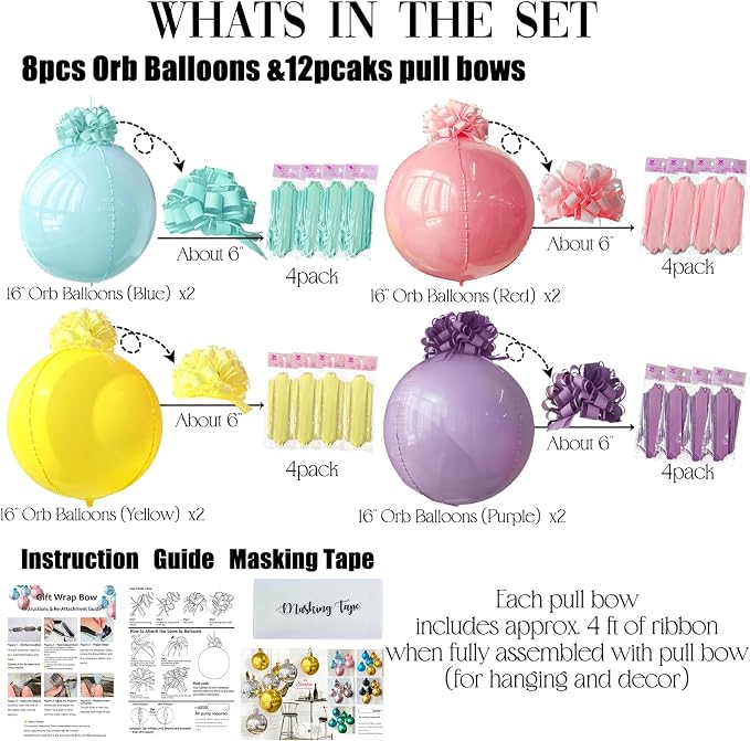 8pack Pastel Rainbow 4D Orb Ornament Balloons with 16 Pull Ribbon Gift Bows –Total 24pcs Macaron Decor Ceiling Hanging Balloon Set for Unicorn Birthday Baby Shower & Spring Tea Party Decor