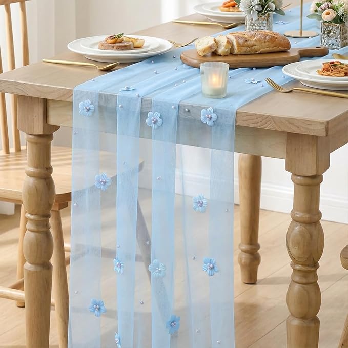 Artoid Mode Blue Flower Pearl Blue Gauze Table Runner 10FT 3PC, Seasonal Sheer Dining Holiday Wedding Birthday Baby Shower Table Decor for Home Party