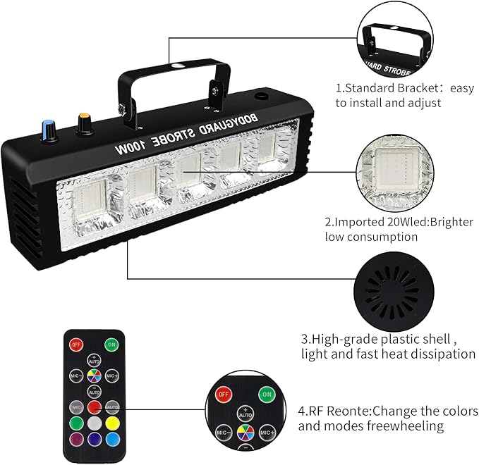 Strobe Stage Lights Sound Activated, 100W RGB LED Strobe Light, Halloween Light Effect with Remote Control, Professional DJ Party Lights for Banquet Host