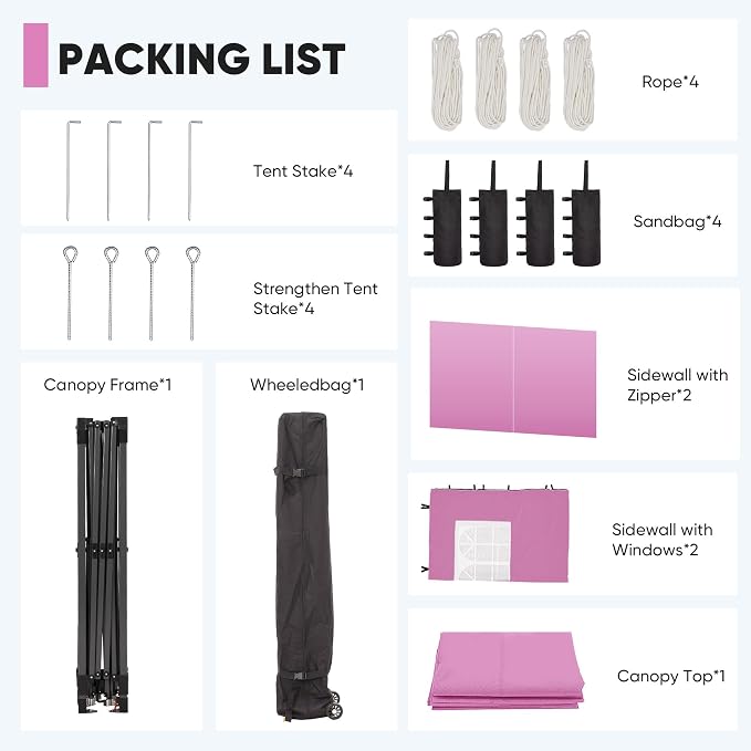 GDY 12x12 Pop Up Canopy Tent with 4 Sidewalls, Easy Set up with One Push Lift Gazebo with Wheel Bag and4 Sandbags,Carpas for Events, Parties,Camping, Pink.