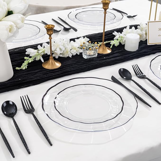 Supernal 360Pcs Hammered Black Plastic Silverware Heavy Duty Party Utensils | Extra Premium Disposable Cutlery Black Utensils Set Classy for upscale banquets Halloween Thanksgiving Christmas