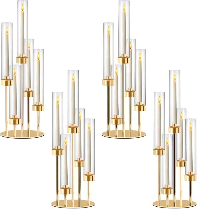 5-Arm Black Metal Table Candelabra Centerpiece, 22" Tall Clear Candlesticks Holder with Shade for Valentines Day Events Party Table Centerpiece,Fit LED Candles (4, Gold, S-22in)