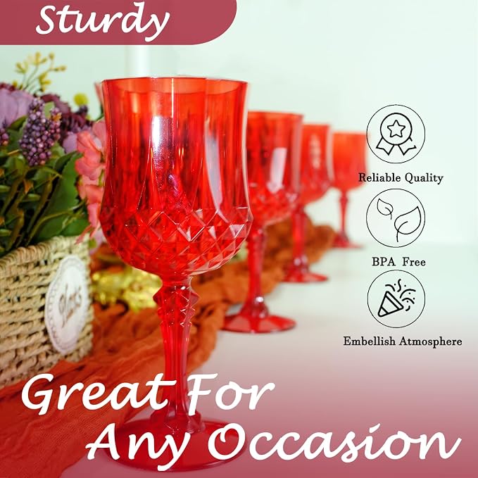 Plastic Wine Glasses, Plastic Goblets Vintage Style Cordial Unbreakable Drinking Glasses, Reusable Drinkware for Wedding Reception, Grand Event Party Supplies (24, Red)