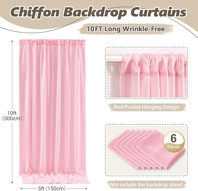 30ft x 10ft Peach Pink Backdrop Curtains, Wrinkle-Free Sheer Chiffon Fabric Photo Backdrop Drapes for Wedding Arch Party Ceremony Stage Photography Decorations