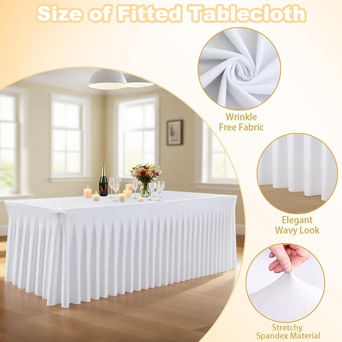 WJWHQ 5 Pack White Spandex Tablecloths, Stretch Fitted 6ft Table Cover (120 Inch) with Skirt, Wrinkle Free for Weddings, Parties, Banquets, Dining Fits 6 Foot Rectangle Tables