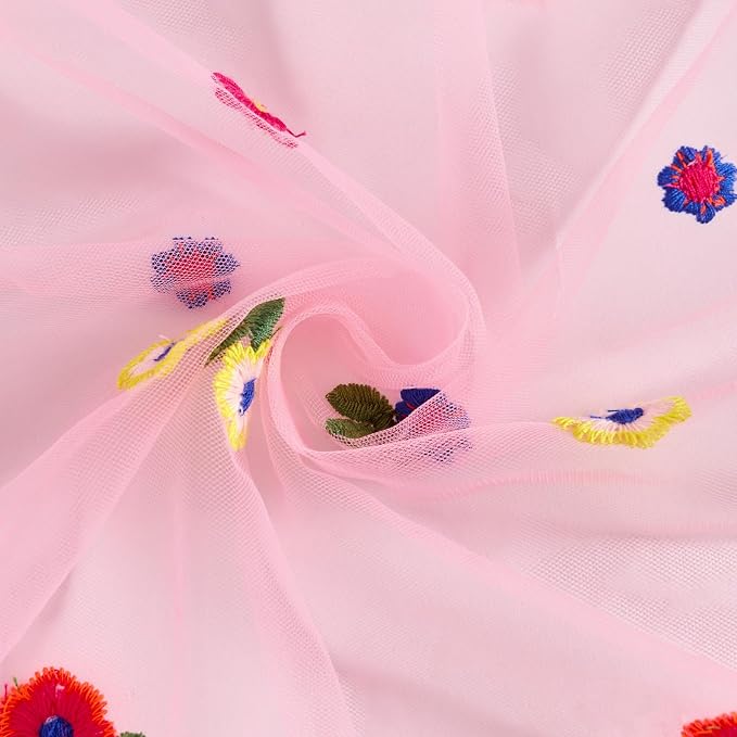 QueenDream Floral Table Runner 10FT Pink Wildflower Table Runners Linens 120 Inch Sheer Gauze Tulle Fabric for Baby Shower Home Wedding Tea Birthday Parties