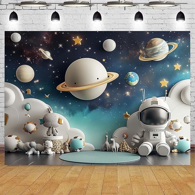 Outer Space Universe Astronaut Birthday Party Decor Backdrop Boy 1st Birthday Balloons Party Photography Background Boy Girl Baby Shower Background Studio Props (8x6feet)