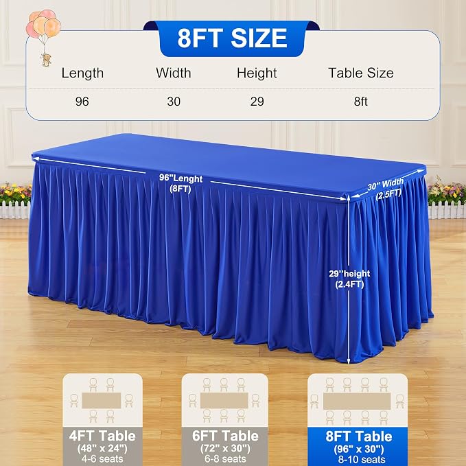 2 Packs Royal Blue Tableclothes for 8 Foot Rectangle Tables, Wrinkle Free Fitted Table Cloth 8ft Stretch Table Cover with Skirt for Parties Weddings Birthday Banquet Baby Shower