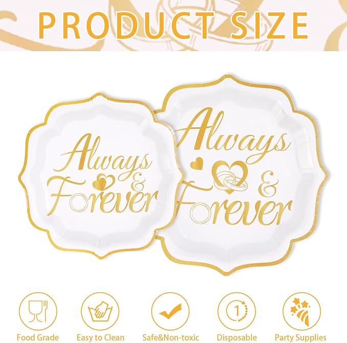 200Pcs Always and Forever Wedding Plates and Napkins White and Gold Scalloped Disposable Tableware Set for Wedding Bridal Shower Bachelorette Hen Party Supplies Serves 50
