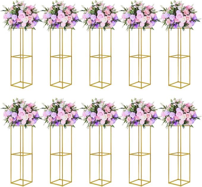 YALLOVE 10 Pcs 31.5 Inch Metal Flower Stand, Gold Centerpieces Vases Stand With Clear Acrylic Sheets, Geometric Display Rack for Wedding Party Decorations