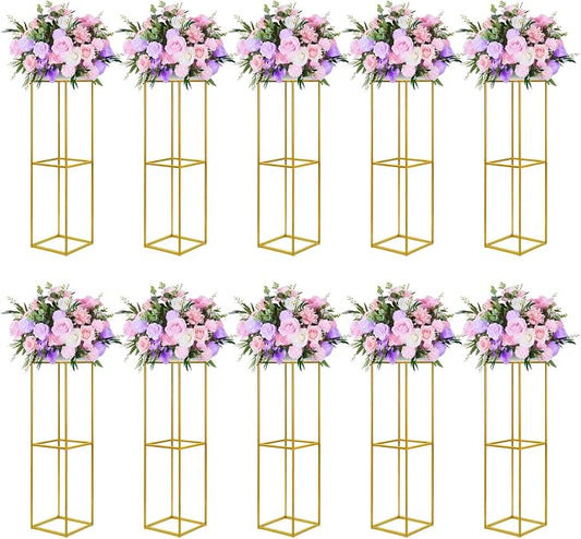 YALLOVE 10 Pcs 31.5 Inch Metal Flower Stand, Gold Centerpieces Vases Stand With Clear Acrylic Sheets, Geometric Display Rack for Wedding Party Decorations