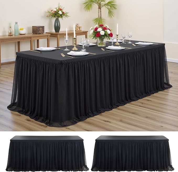 2-Pack Black Tulle Tablecloth for 6 Ft Rectangle Tables – Elastic Spandex Table Cover with Tutu Skirt, Wrinkle Free for Wedding, Birthday Party, Banquet Buffet, Craft fairs
