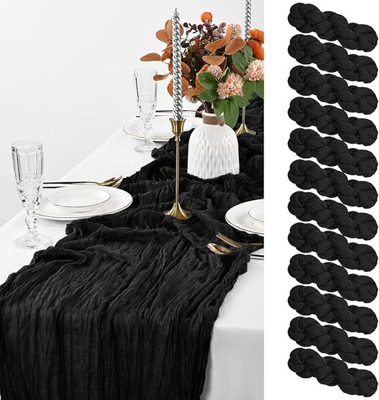 Pesonlook 12 Pack Black Cheesecloth Table Runner, 10FT Cheesecloth Rustic Boho Table Runner Long Romantic Semi Sheer Table Runner for Wedding Birthday Bridal Shower Party Decorations(21.5×120 Inch)